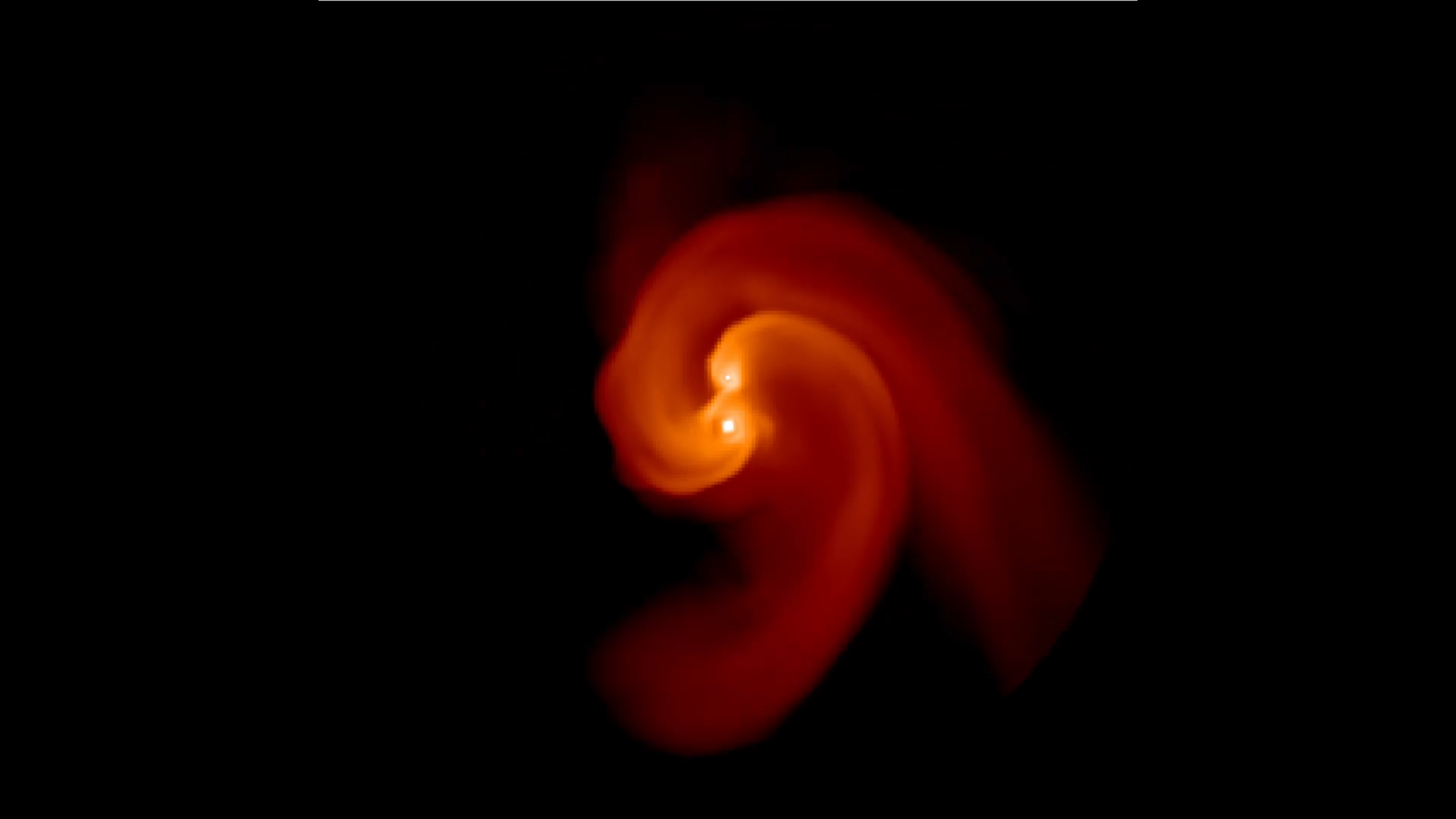 An early simulation of a binary star system whose initial conditions are inferred from R Sculptoris. The goal of these simulations is to compare final morphologies given initial mass ratios in order to infer the mass of the secondary.